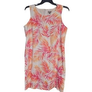 J. Jill Love Linen Pink Orange Tropical Palm Leaf Sleeveless Shift Dress Size 14
